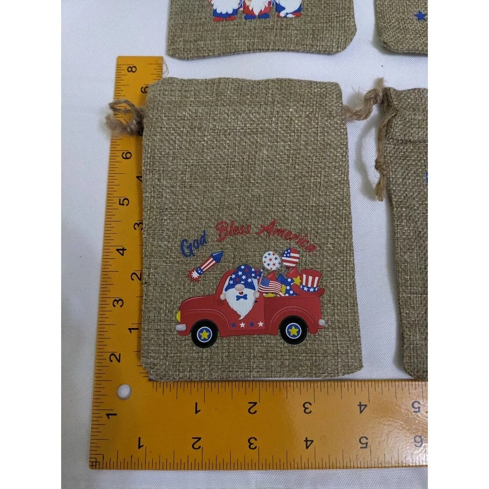 Gnome USA Burlap Gift Bag Pouch Red White Blue Patriotic 4th July SET 10 PCS